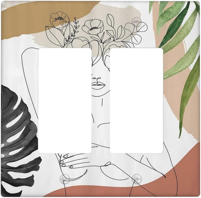 Mid Century Abstract Women Lady Boho Palm Leaf 2 Gang Rocker Decora Light Switch Covers Decorative Unique Dual Outlet Covers Wall Plate Electrical Faceplate Switchplate GFCI for Bedroom Decor