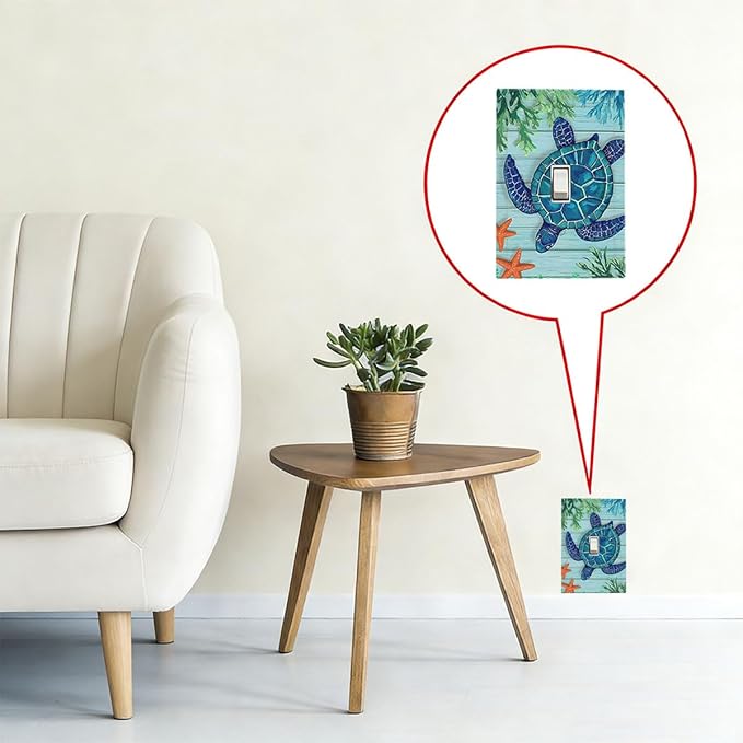 Coastal Sea Turtle 1-Gang Toggle Light Switch Plate, Mosaic Starfish Nautical Ocean Theme Decorative Wall Plate for Coastal Homes