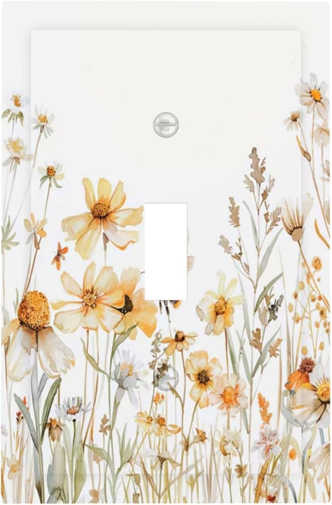 Yellow White Daisy Floral Bee Wild Flower Decorative Light Switch Cover 1 Gang Single Toggle Device Electrical Faceplate Switchplates Decorator Outlet Wall Plate for Bedroom Living Room Decor