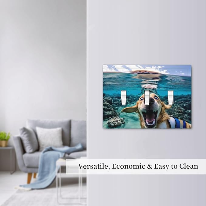 Decorative Light Switch Plate Covers Angry Shark Chased Funny Dog Underwater Sea 3 Gang Wall Plate Switch Cover Plate Triple Toggle Jumbo Electrical Faceplate for Bedroom Decor