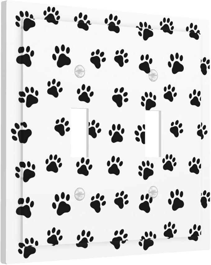 Black and White Dog Paw Print Double Toggle Switch Cover - 2-Gang Standard US Size Puppy Paws Pattern Light Switch Covers for Pet Lover's Home Decor