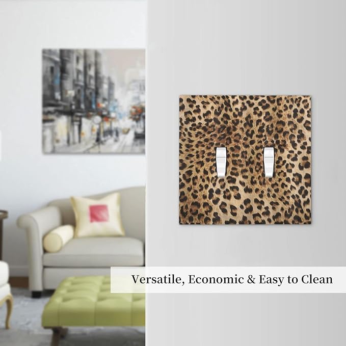 Classic Leopard Cheetah Double Toggle Light Switch Cover 2 Gang Wall Plate Decorative Switchplate Electrical Faceplate Standard Size for Men and Women Bathroom Bedroom Home Decor 5" x 4.9