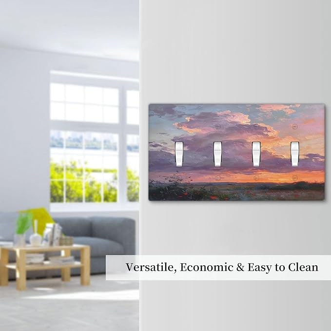 Abstract Sunset Dusk Natural Scenery Wild Flowers Light Switch Covers Quad Toggle Electrical Faceplate 4 Gang Wall Plate Decorative Switch Plates Cover for Farmhouse Bedroom Decor