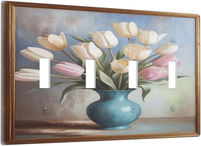 Decorative Art Light Switch Covers Tulips In Vase Quad Toggle 4 Gang Wall Plate Switch plate Electrical Faceplate for Home Decor