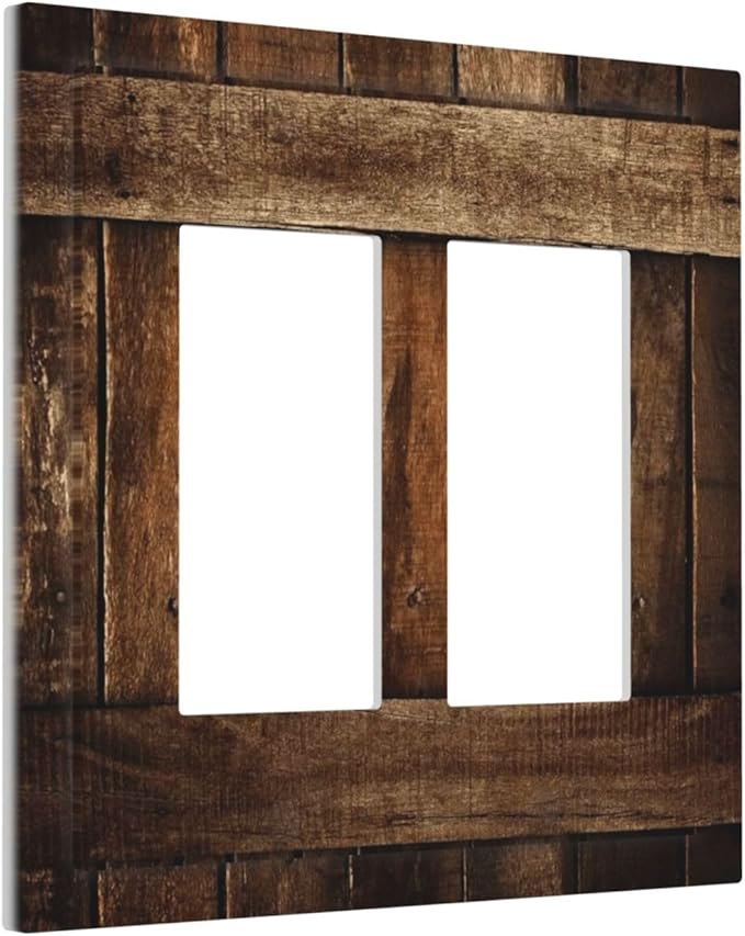 Brown Wooden Barn Door Old Wood Print Decorative Outlet Covers 2 Gang Double GFCI Rocker Electrical Wall Panels Light Switch Cover Plate for Farmhouse Home Decor