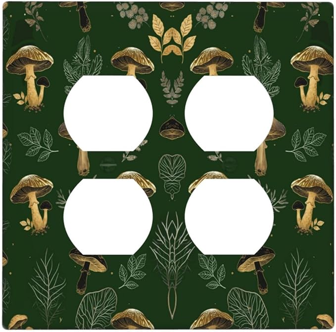 Decorative Outlet Covers Cute Gold Mushtroom Green Plant Leaf 2 Gang Light Switch Cover Plate Double Duplex Wall Plates for Electrical Outlets Switch Plate Covers for Bedroom Home Decor