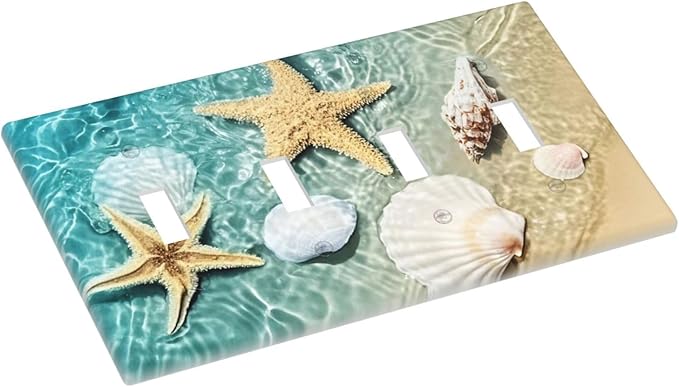 Light Switch Covers Beach Starfish Ocean Conch Cameo Shell Quad Toggle Electrical Faceplate 4 Gang Wall Plate Decorative Switch Plates For Decor Kids Room Decor