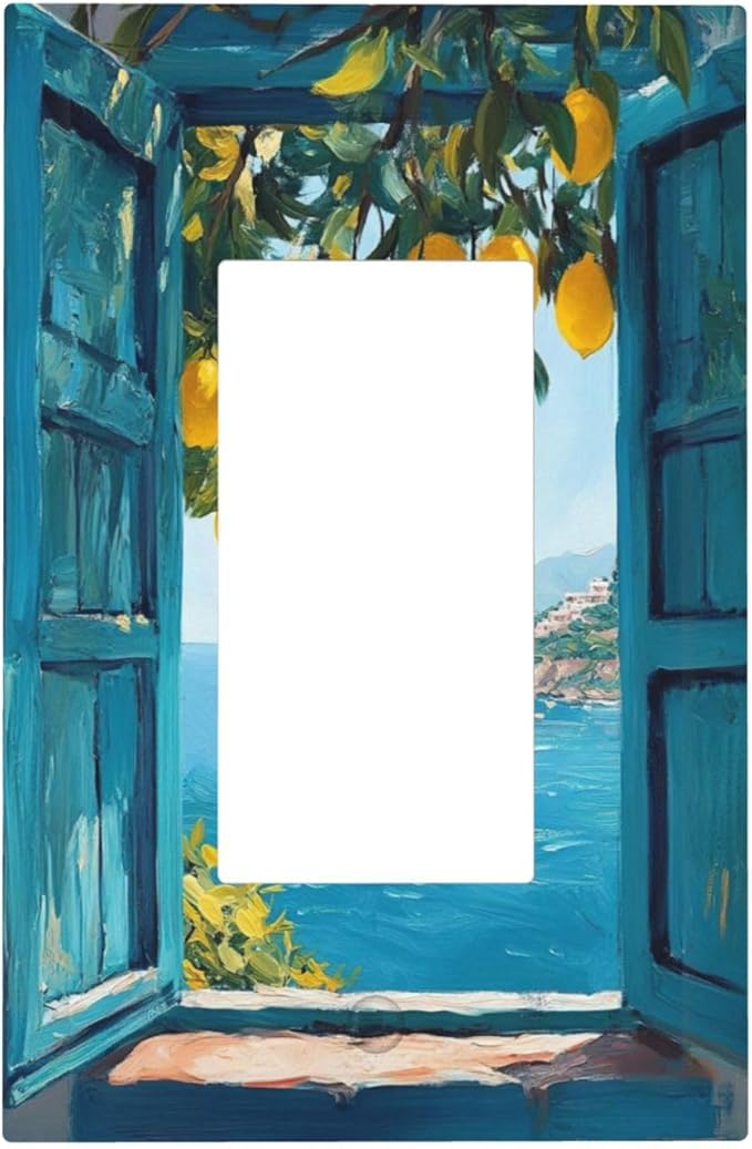 Window View Coastal Lemon Tree Mediterranean Landscape Decorative Outlet Covers 1 Gang Single Rocker Light Switch Cover Plate Wall Plates GFCI Faceplate for Bedroom Living Room Decor