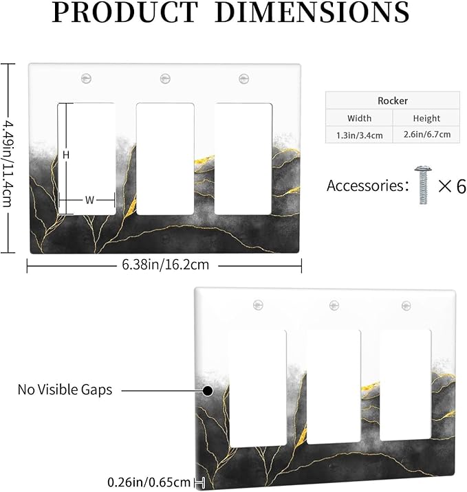 Light Switch Covers Black And Gold Marble White Golden Leaves 3 Gang Rocker Electrical GFCI Decorative Triple Outlet Wall Plate Cover Switchplate for Bedroom living Room Decor