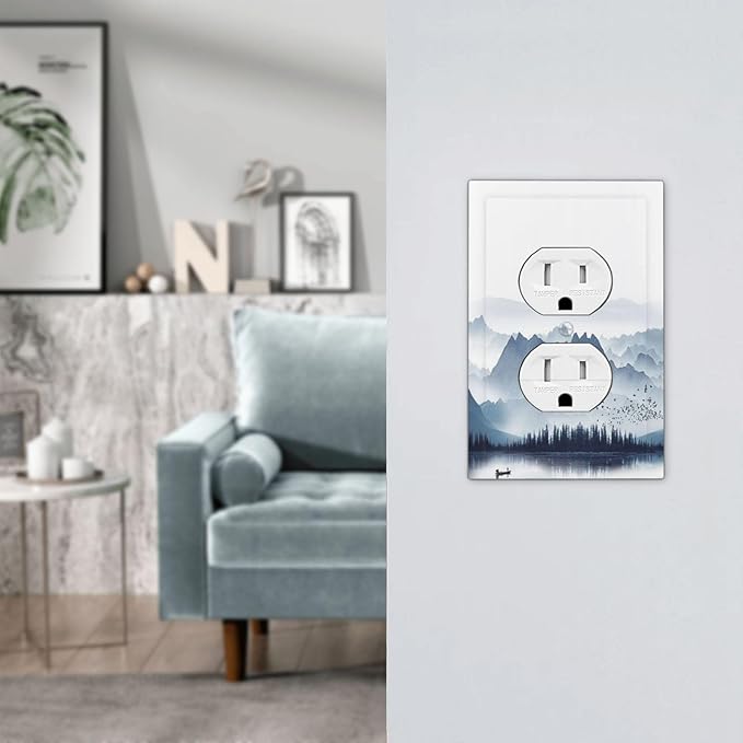 Outlet Covers Mountain Foggy Lake Boat Grey Blue Forest Birds 1 Gang Duplex Light Switch Cover Electrical Receptacle Faceplate Wall Plate Decorative Switch Plates for Bedroom living Room