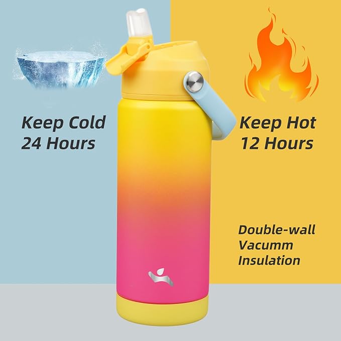 Konokyo Insulated Water Bottle with Straw Lid,18 oz Stainless Steel Vacuum Metal Bottle with Silicone Handle,Rainbow