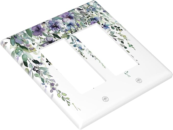 Decorative Outlet Covers Blue Purple Eucalyptus Leaves Boho Botanical 2 Gang Double Rocker Light Switch Cover Decorative Switch plates Electrical Wallplates GFCI Receptacle for Bathroom Home