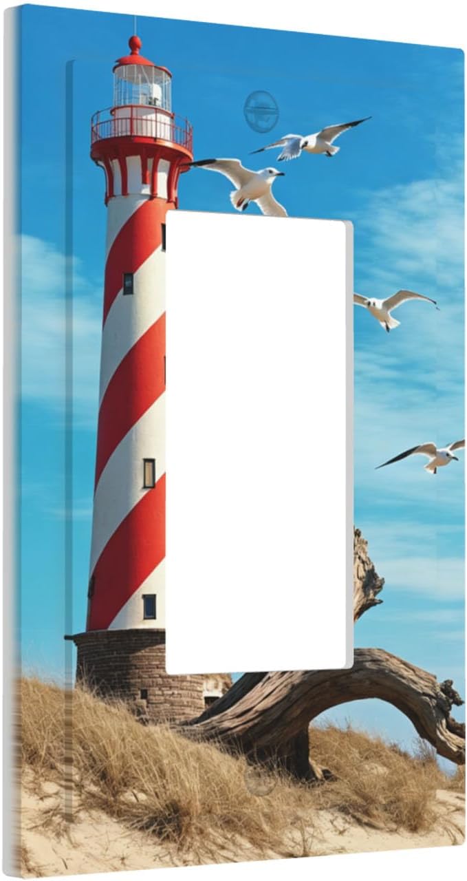 Lighthouse Coastal Scene Single Rocker Switch Cover - 1-Gang Standard US Size Nautical Coastal Beacon Light Switch Covers for Living Room Bathroom Decor