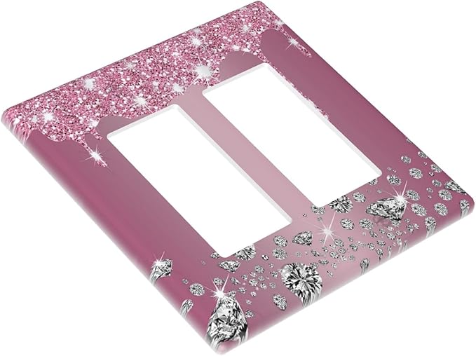 Sparkling Diamonds Pink Silver Glitter Drops Print 2 Gang Rocker Decora Light Switch Covers Decorative Unique Dual Outlet Covers Wall Plate Electrical Faceplate Switchplate GFCI for Bedroom Decor