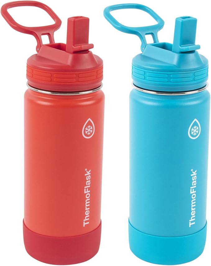 ThermoFlask Kids 16 oz Insulated Water Bottles with Straw Lid BPA-Free Stainless Steel Leakproof & Spill-Proof Design Easy Clean Wide Mouth 2-Pack for School, Sports, Playdates, Red/Blue