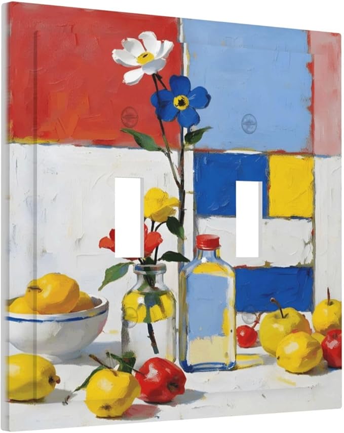 Color Block Floral Still Life Art Red Yellow Blue Abstract Decorative Switch Plates 2 Gang Double Toggle Outlet Light Switch Cover Wall Plate Electrical Faceplate for Farmhouse Bedroom Decor
