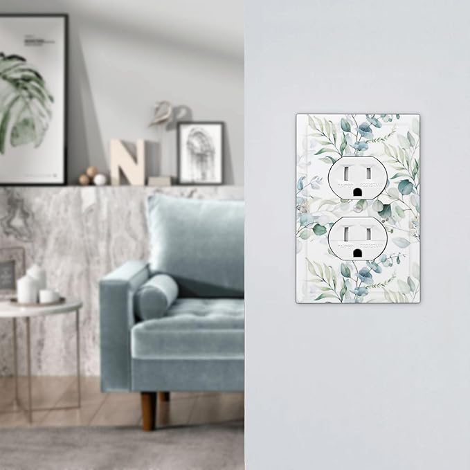 Boho Watercolor Green/White Spring Eucalyptus Saga Leaves Plant Botanical 1 Gang Device Duplex Receptacle Wall Plate Electrical Outlet Decorative Decorator Light Switch Face Plate Plug Socket Cover
