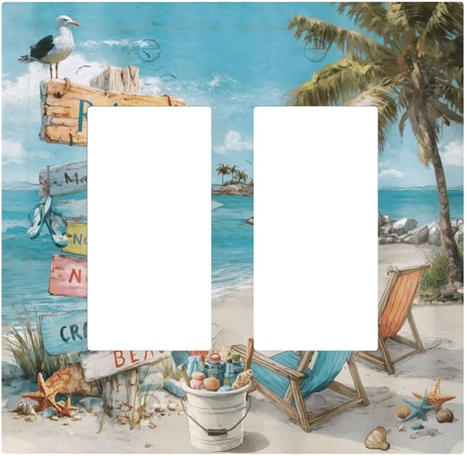 Ocean Beach Tropical Palm Tree Coastal Seaside Decorative Outlet Covers 2 Gang Double GFCI Rocker Electrical Wall Panels Light Switch Cover Plate for Kids Room Living Room Decor
