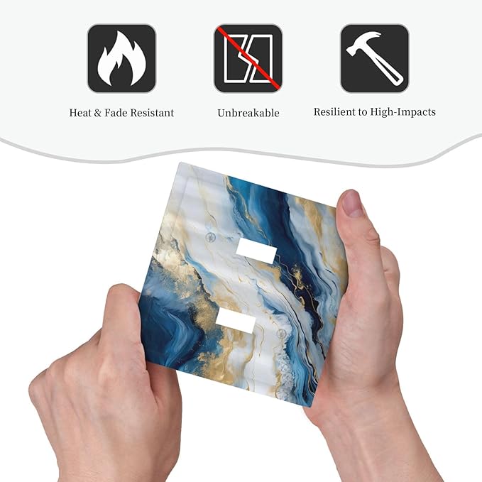 Abstract Blue Granite Luxury Watercolor Marble Texture Print Double Toggle Light Switch Covers Decorative Unique 2 Gang Wall Plate Dual Electrical Faceplate Switchplate for Kitchen Bathroom Decor