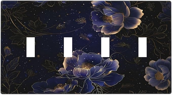 Navy Blue Floral Vintage Flower Dark Watercolor Light Switch Covers Quad Toggle Electrical Faceplate 4 Gang Wall Plate Decorative Switch Plates Cover for Bedroom Living Room Decor