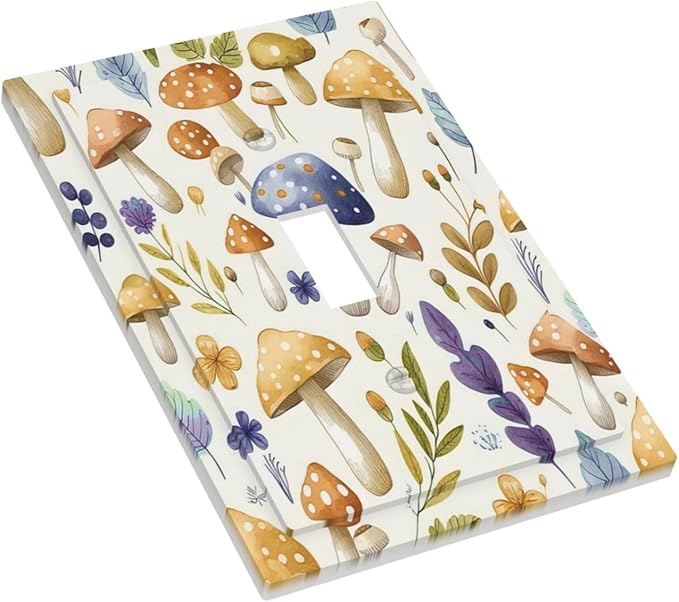 Boho Watercolor Mushroom Flowers Leaf Colorful Floral Decorative Light Switch Cover 1 Gang Single Toggle Device Electrical Faceplate Switchplates Decorator Outlet Wall Plate for Kids Room Nursery