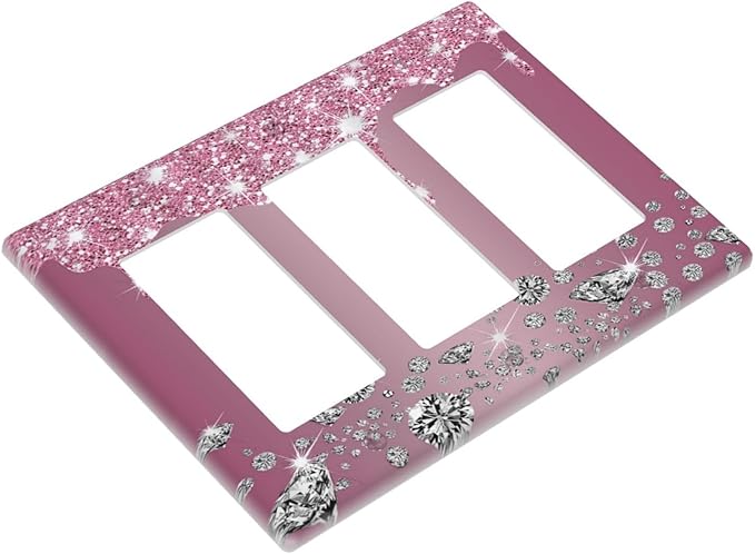 Sparkling Diamonds Pink Silver Glitter Drops Print 3 Gang Rocker Light Switch Covers Decorative Unique Triple Outlet Wall Plate Cover Faceplate Decorative Switchplate GFCI for Bathroom Decor