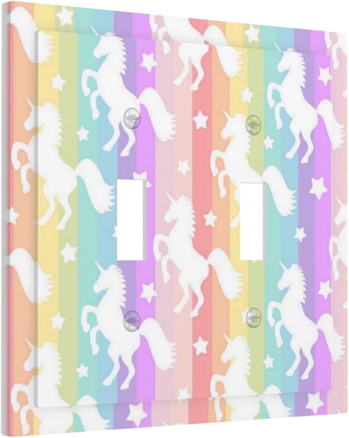 Funny Watercolor Kids Girl Bedroom Cute Colorful Rainbow Stripe Unicorn Purple Pink 2 Gang Electrical Double Toggle Outlet Light Switch Wall Plate Decorative Receptacle Face Switchplate Cover Mid Size