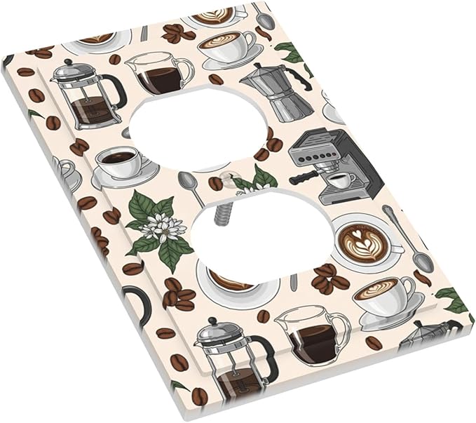 Whimsical Coffee Shop Duplex Wall Plate - 1-Gang Standard US Size Vintage Coffee Pattern Outlet Covers, Café Culture Espresso for Dining Room Decor