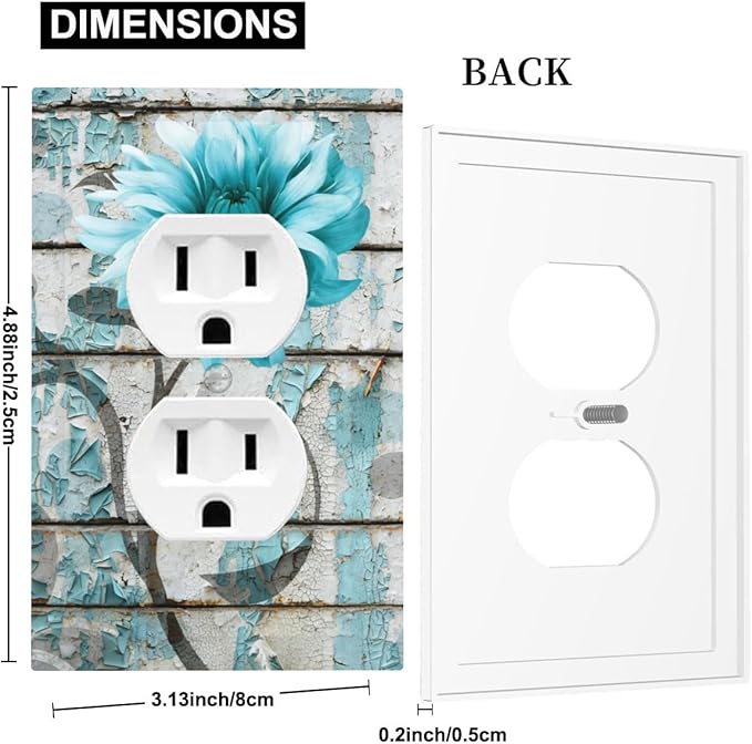 Vintage Floral Duplex Wall Plate - 1-Gang Standard US Size Rustic Farmhouse Teal Flower Distressed Brick Outlet Covers for Bedroom Bathroom Decor