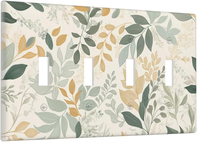 Boho Watercolor Leaves Quad Toggle Light Switch Cover Watercolor Green Botanical 4 Gang Wall Plate Decorative Electrical Switchplates Covers for Country Bathroom Bedroom Kitchen Decor