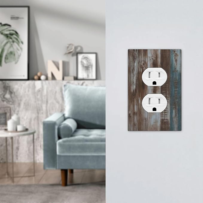 Vintage Blue Brown Wood Grain Outlet Covers 1 Gang Duplex Electrical Receptacle Faceplate Light Switch Cover Wall Plate Decorative Switch Plates for Bedroom Farmhouse Decor