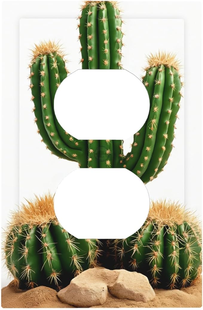 Boho Cactus Garden Duplex Wall Plate - 1-Gang Standard US Size Minimalist Desert Landscape Design Outlet Covers for Bedroom Bathroom Living Room Decor