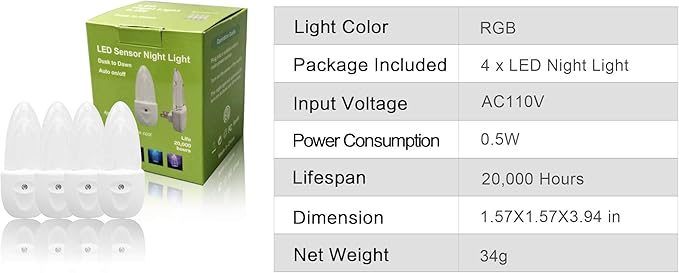 GREENIC Multicolor LED Night Light 4 Pack Bubble Pattern with Dusk to Dawn Sensor, Rotating 8 Colors, Plug in Night Light for Bedroom, Kids Room, Bathroom