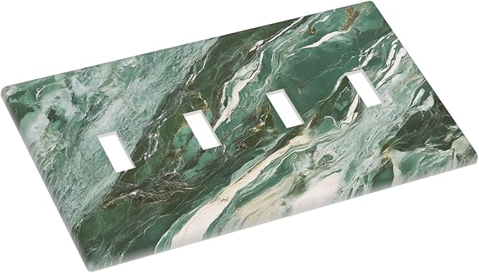 Decorative Switch Plate Cover with Modern Luxury Green Marble Texture Design 4 Gang Artistic Wall Plate Unique Quad Toggle Light Switch Covers for Kitchen Bathroom Decor