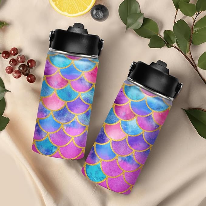 Mermaid Water Bottle for Girls Kids Kid Insulated Water Bottles 12oz Stainless Steel Travel School Tumbler Double Wall Vacuum Cup with Straw