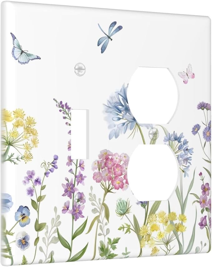 Colorful Wildflowers Dragonfly Lavender Butterfly Insect Wallplates 1 Toggle 1 Duplex Switch Plate Electrical GFCI Faceplate Decorative Light Switch Covers for Bedroom Living Room Decor