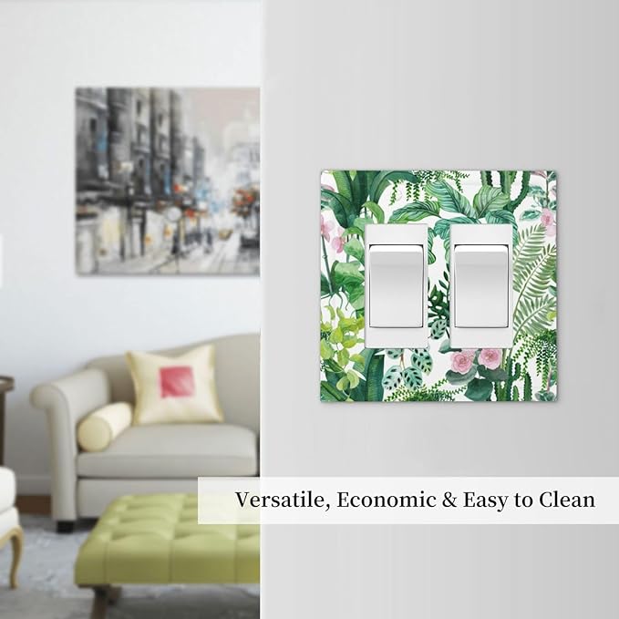 Tropical Palm Leaves Green Jungle Botanical Floral Flowers Decorative Outlet Covers 2 Gang Double GFCI Rocker Electrical Wall Panels Light Switch Cover Plate for Bedroom Living Room Decor