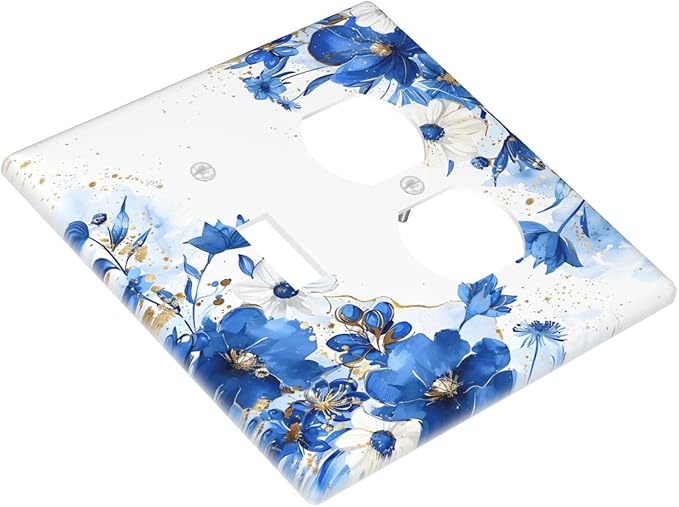 Klein Blue Flowers Watercolor Golden White Floral Wallplates 1 Toggle 1 Duplex Switch Plate Electrical GFCI Faceplate Decorative Light Switch Covers for Bedroom Living Room Decor