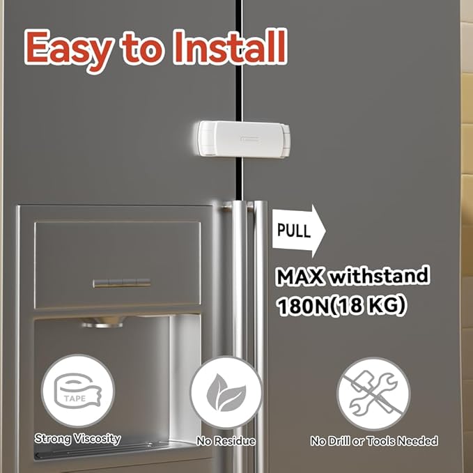 EUDEMON 1 Pack Latest French Fridge Lock French Door Refrigerator/Freezer Lock Apply to Max 3.54"(90mm) Two Door Gap Distance for Kids & Babies,Easy to Install no Tools Need or Drill (White)