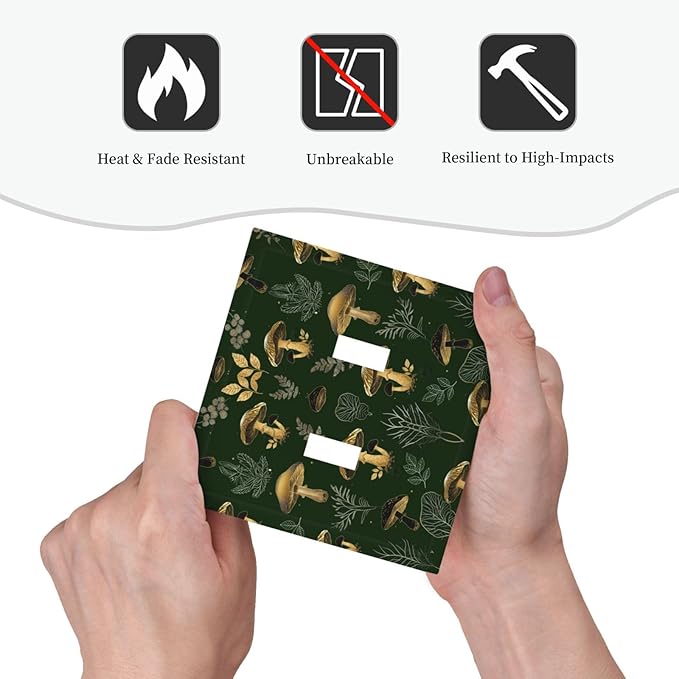 Decorative Light Switch Cover Plate Cute Gold Mushtroom Green Plant Leaf 2 Gang Outlet Covers Double Toggle Wall Plates for Electrical Outlets Switch Plate Covers Faceplate for Home Decor