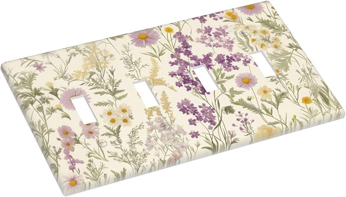 Watercolor Floral Leaves Quad Toggle Light Switch Cover Small Purple Flowers Daisies 4 Gang Wall Plate Decorative Electrical Switchplates Covers for Country Bathroom Bedroom Home Decor