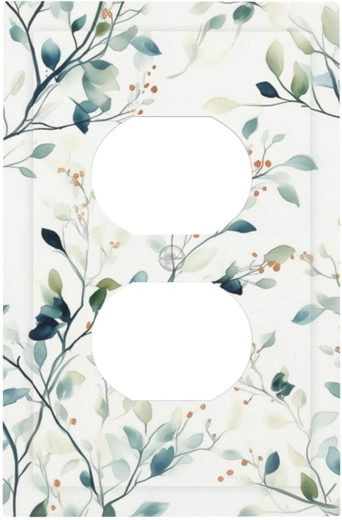 Watercolor Floral Green Leaves 1 Gang Electrical Duplex Outlet Covers Green Botanical Flowers Light Switch Cover Receptacle Wall Plate Decorative Faceplate for Country Bedroom Home Decor