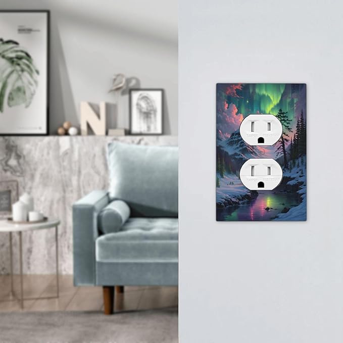 Snow Mountain Aurora Waterfalls Rivers Forest Outlet Covers 1 Gang Duplex Light Switch Cover Decorative Switch Plates Electrical Receptacle Faceplate Wall Plate for Bedroom Living Room Decor