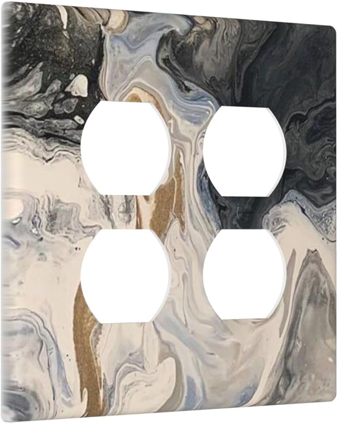 Outlet Covers Black Gold Swirl Fluid Painting Marble 2 Gang Double Duplex Decorative Light Switch Covers Electrical Wallplates Socket Faceplate For Bathroom Kitchen Decor