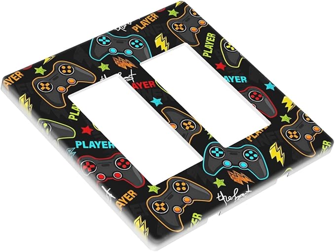 Teen Kid Boys Video Playing Gamer Gaming Game 2 Gang Double Rocker/Decorator Light Switch Cover Funny Controller Decorative Wall Plate Electrical Face Outlet Covers Screwless for Dimmer, USB Outlet