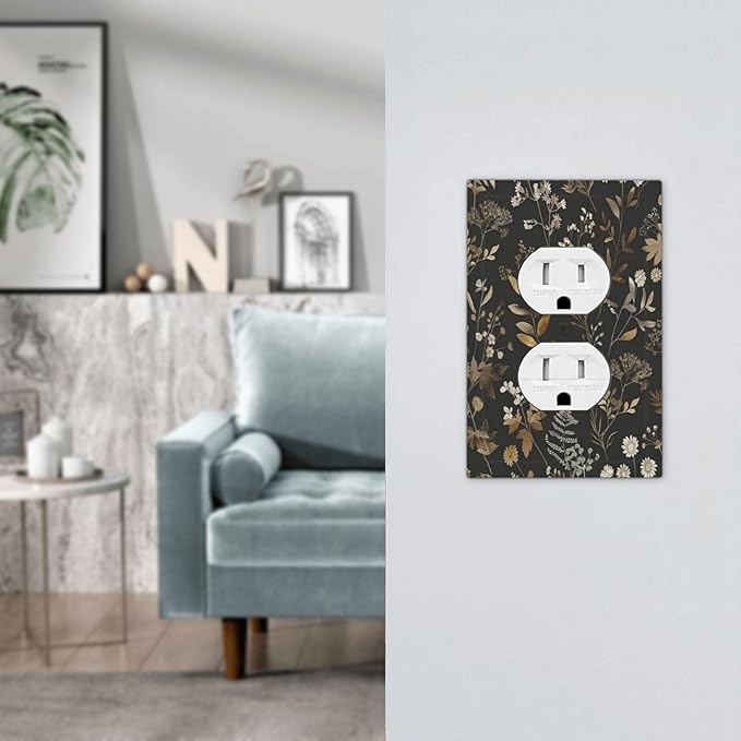 Outlet Covers Black Gold Floral Dark Leaves Vintage Flowers 1 Gang Duplex Light Switch Cover Decorative Switch Plates Electrical Receptacle Faceplate Wall Plate for Bed Room Home Decor