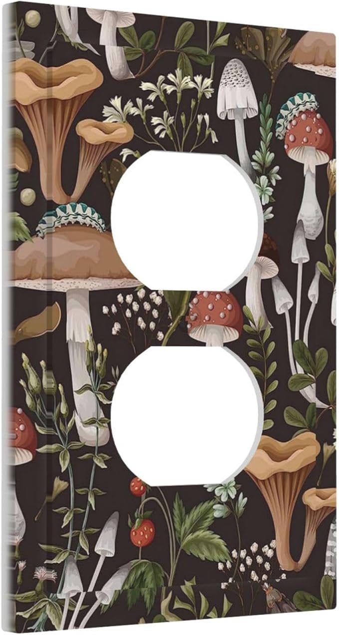 Vintage Boho Hippie Plant Mushroom 1 Gang Outlet Plate Covers Decorative Single Duplex Wall Plate Electrical Receptacle Light Switch Cover Electric Switchplate Country Decor