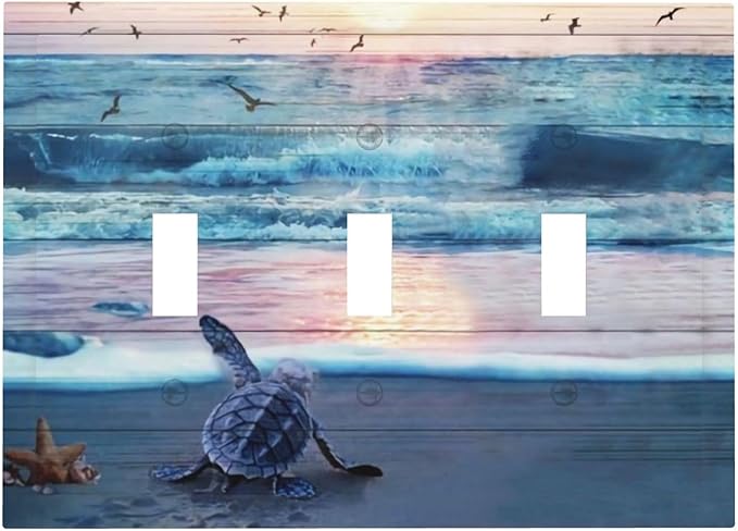 Nautical Ocean Teal Blue Beach Turtle Sea Life Coastal Starfish Sunset Triple Toggle Decorator Outlet Light Switch Wall Plate Cover Decorative 3 Gang Jumbo Size Three Device Receptacle Faceplate Cover