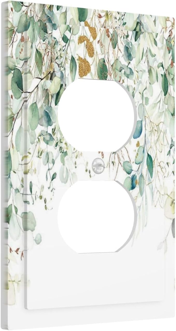 Gold Green Eucalyptus Leaves Plants Flowers Floral Outlet Covers 1 Gang Duplex Light Switch Cover Decorative Switch Plates Electrical Receptacle Faceplate Wall Plate for Bedroom Living Room Decor