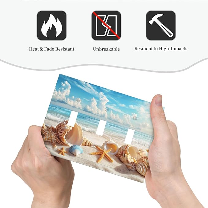 Beach Coastal Seashore Sea Starfish Shell Sand Decorative Switch Plates 3 Gang Wall Plate Triple Toggle Light Switch Cover Faceplate Electrical Wall Panels for Bathroom Home Decor